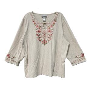 Alfred Dunner Top Women PXL Petite XL Floral Embroidered 3/4 Sleeve Blouse Studs